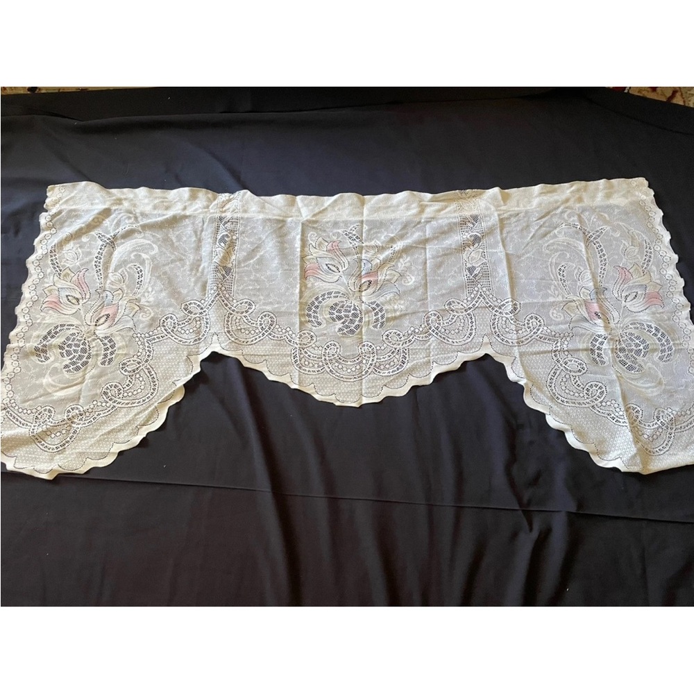 Vintage high low Window valance high low w pink floral Lace Panel 60x36”